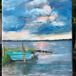 Safe Mooring painting, acrylic, 11”x14”. Artist: Leslie Byrne